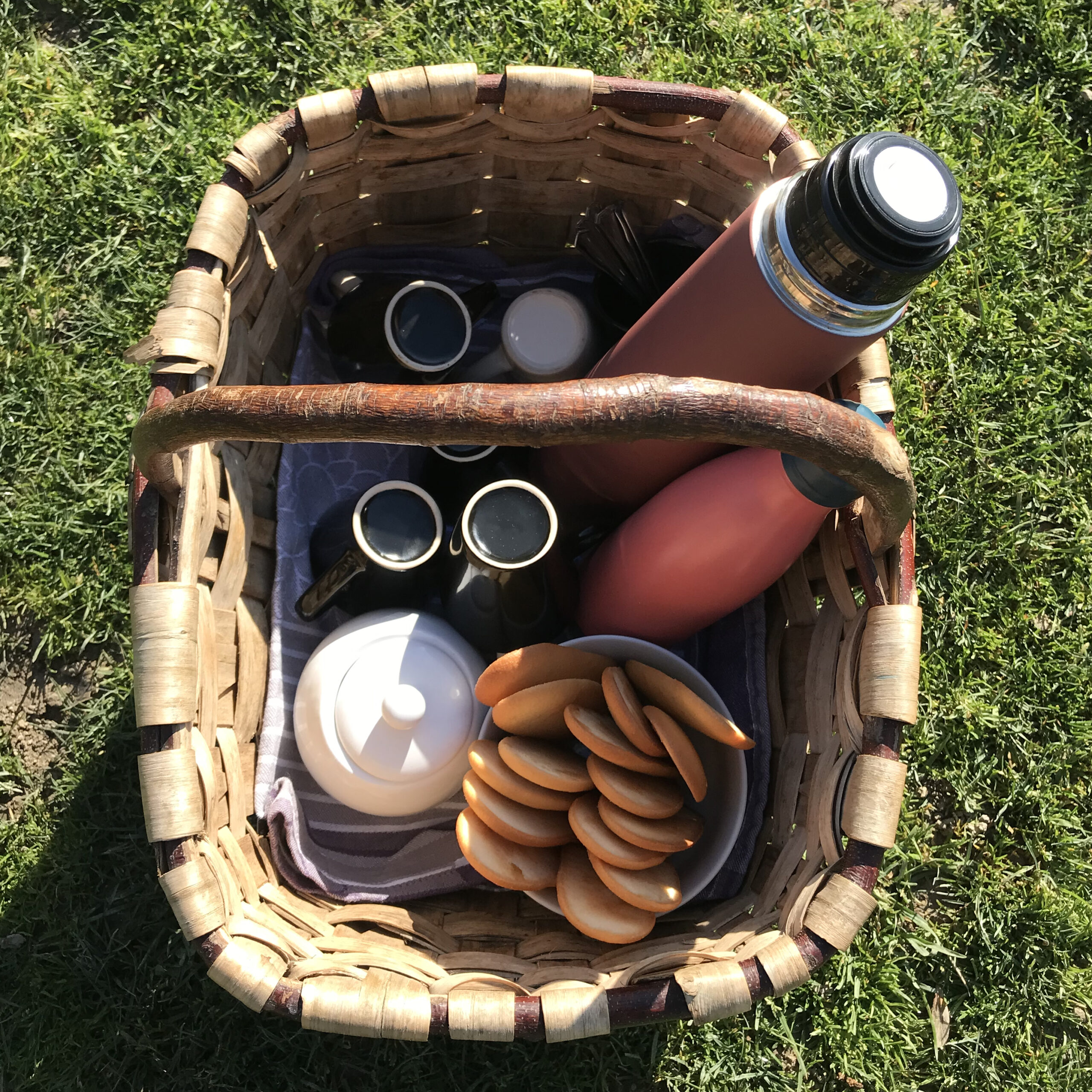 picnic-celebracion-infantil-granja-naturalia-esquiroz Cesta de picnic con termos, galletas y tazas durante una celebración al aire libre en la granja escuela Naturalia de Esquíroz